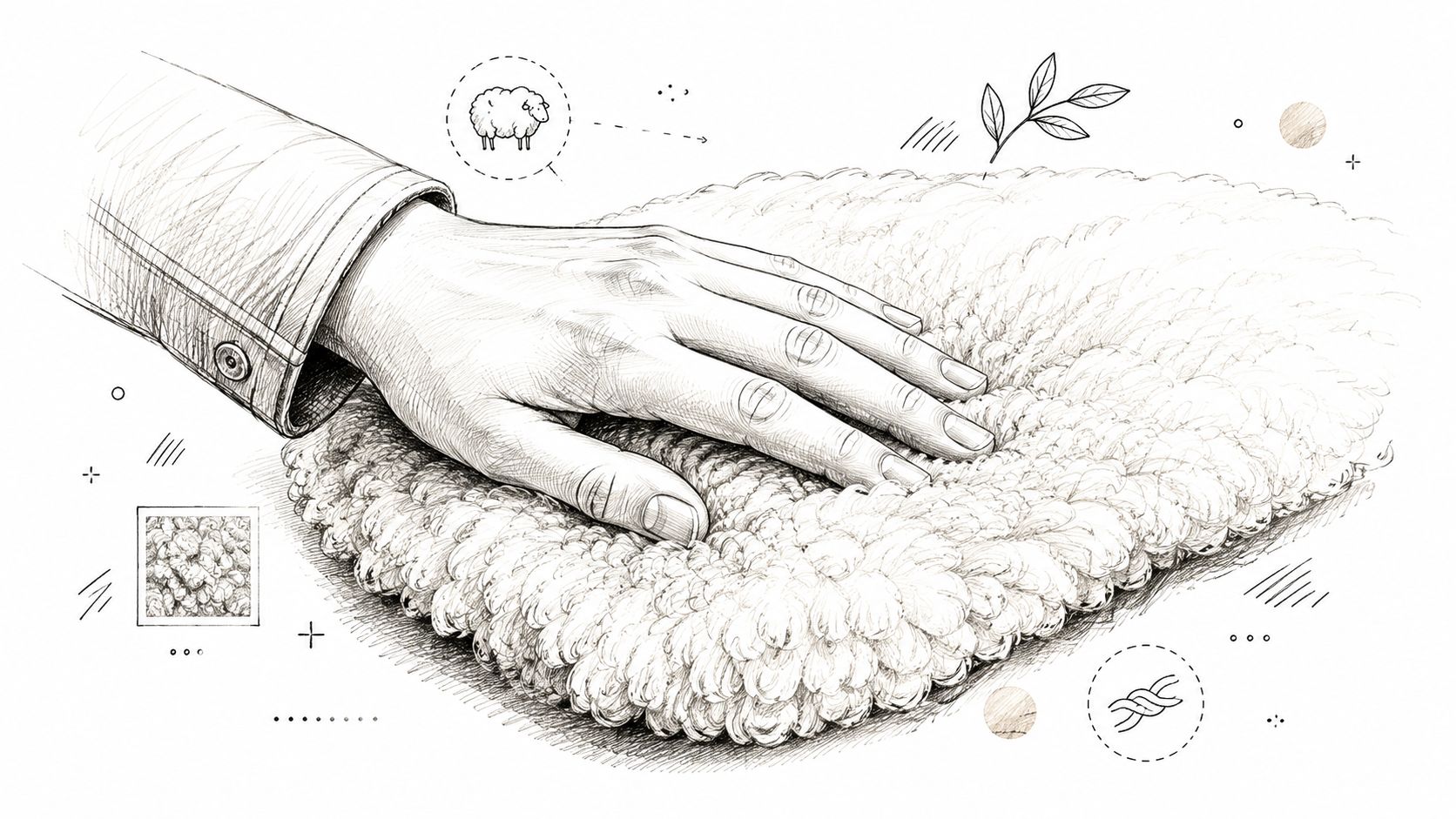 A detailed pencil sketch of a person's hand gently touching a soft, plush sheepskin fabric surface.