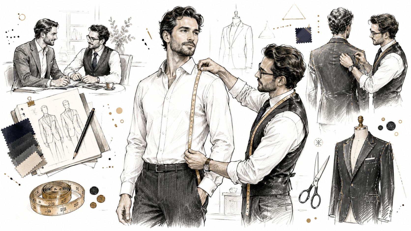 A professional tailor taking measurements of a client for a custom suit in a sophisticated atelier.