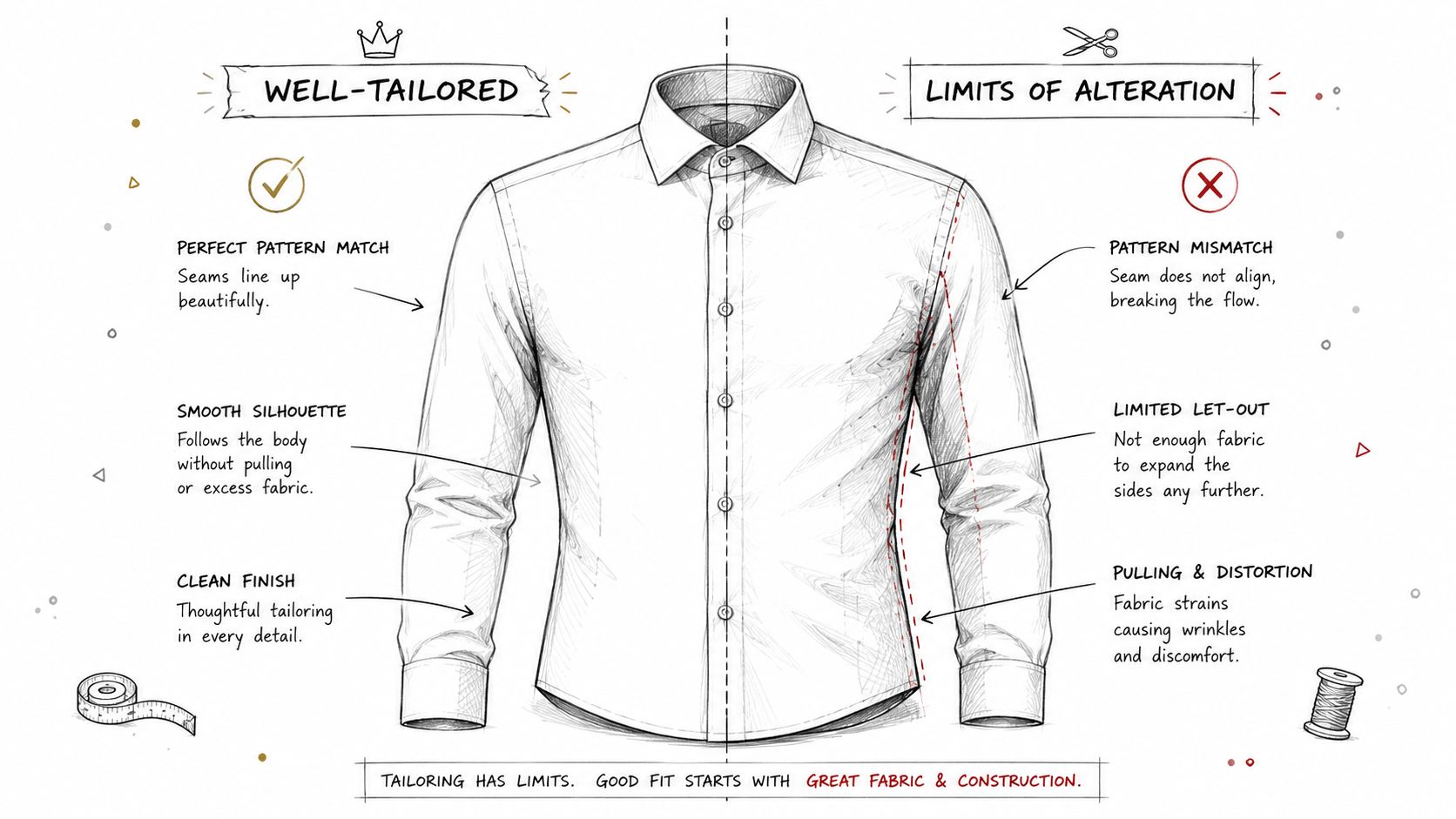 A diagram comparing well-tailored dress shirt features with common alteration limitations shown on a sketched shirt.