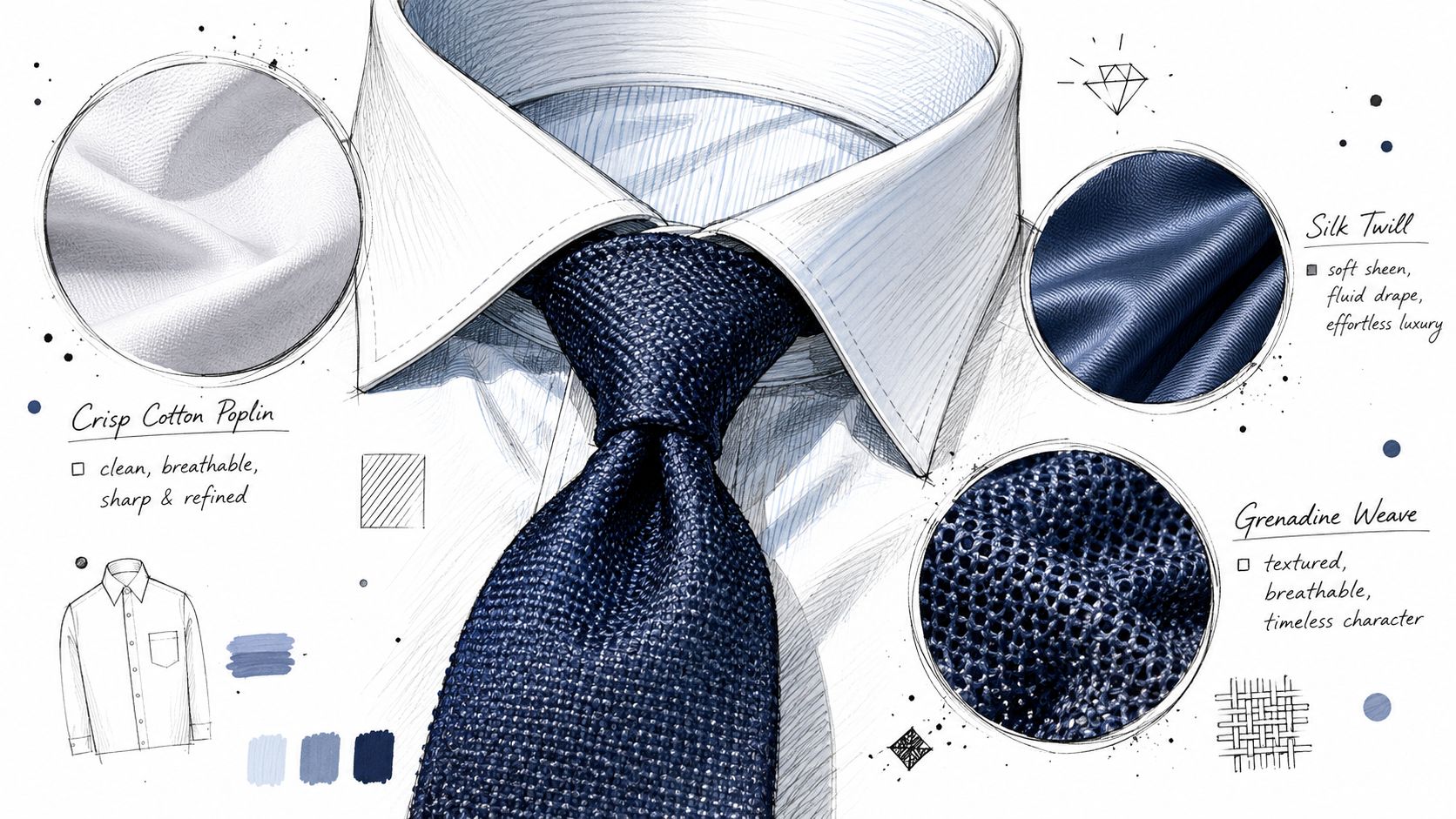A detailed fashion illustration showing a crisp white dress shirt with a textured dark blue tie.