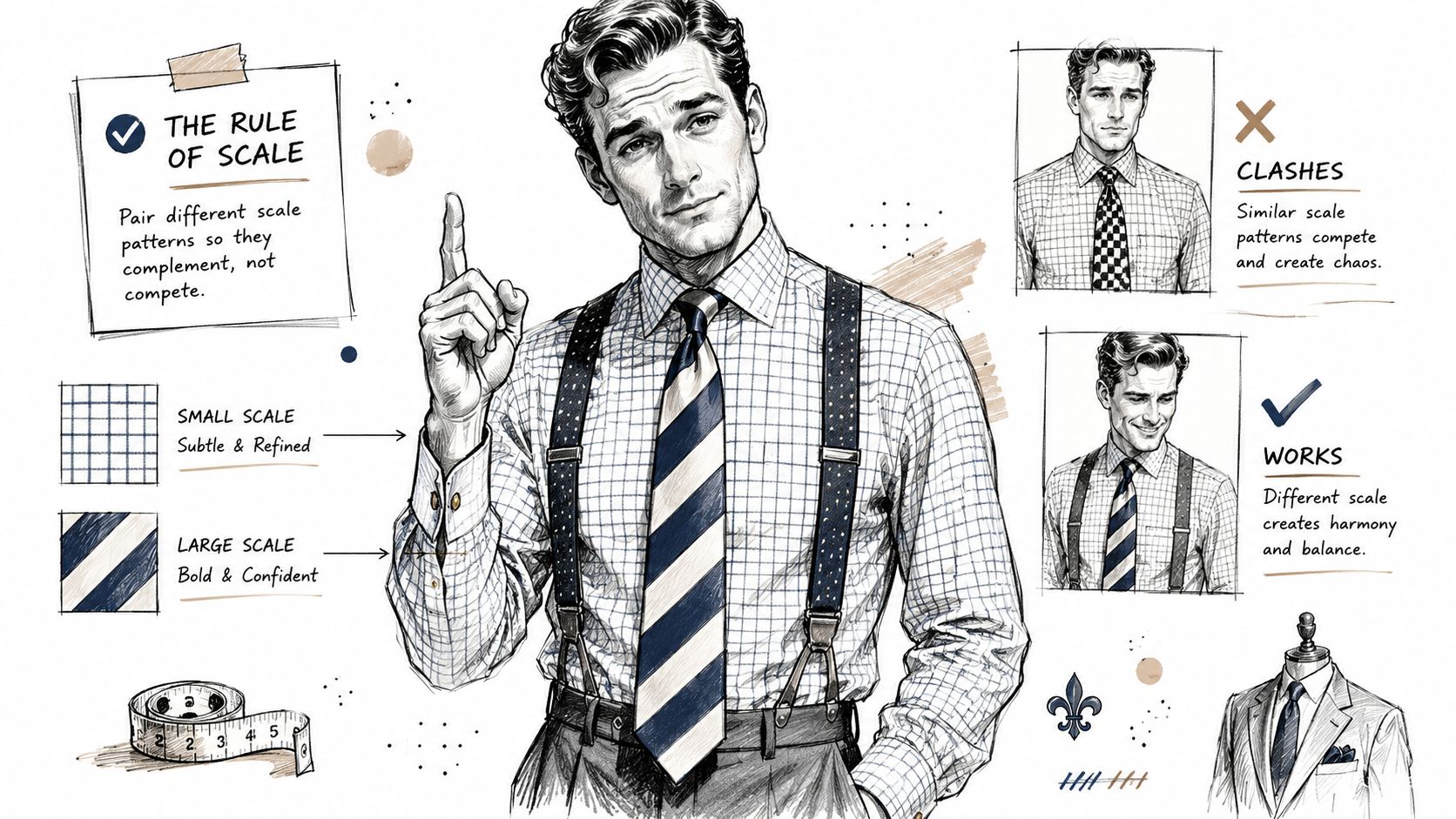 A stylish fashion illustration showing the rule of scale for matching shirt and tie patterns.