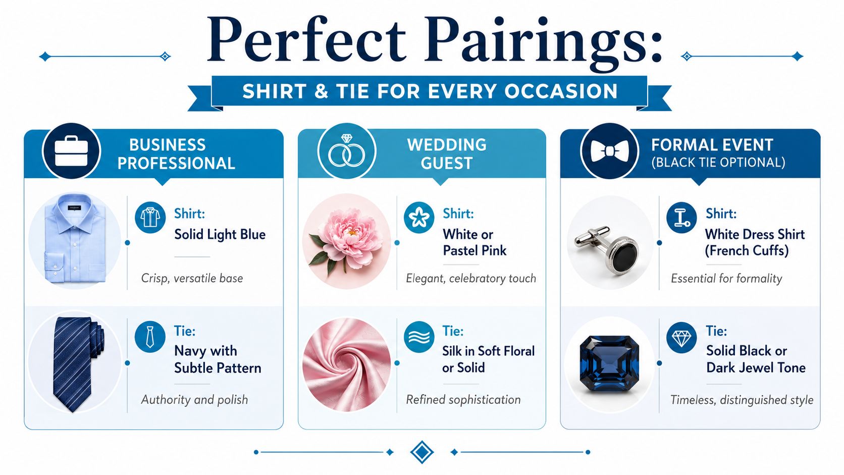 An infographic titled Perfect Pairings displaying recommended shirt and tie combinations for business, weddings, and formal events.