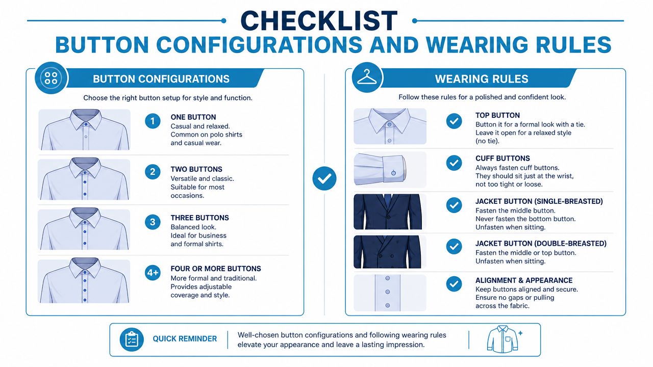 A checklist infographic explaining button configurations for shirts and proper jacket fastening rules for professional attire.