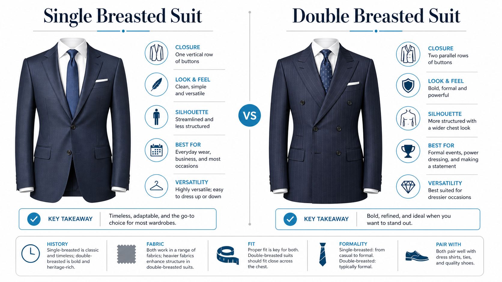 A comparative infographic illustrating the key differences between single-breasted and double-breasted suits for men's fashion.