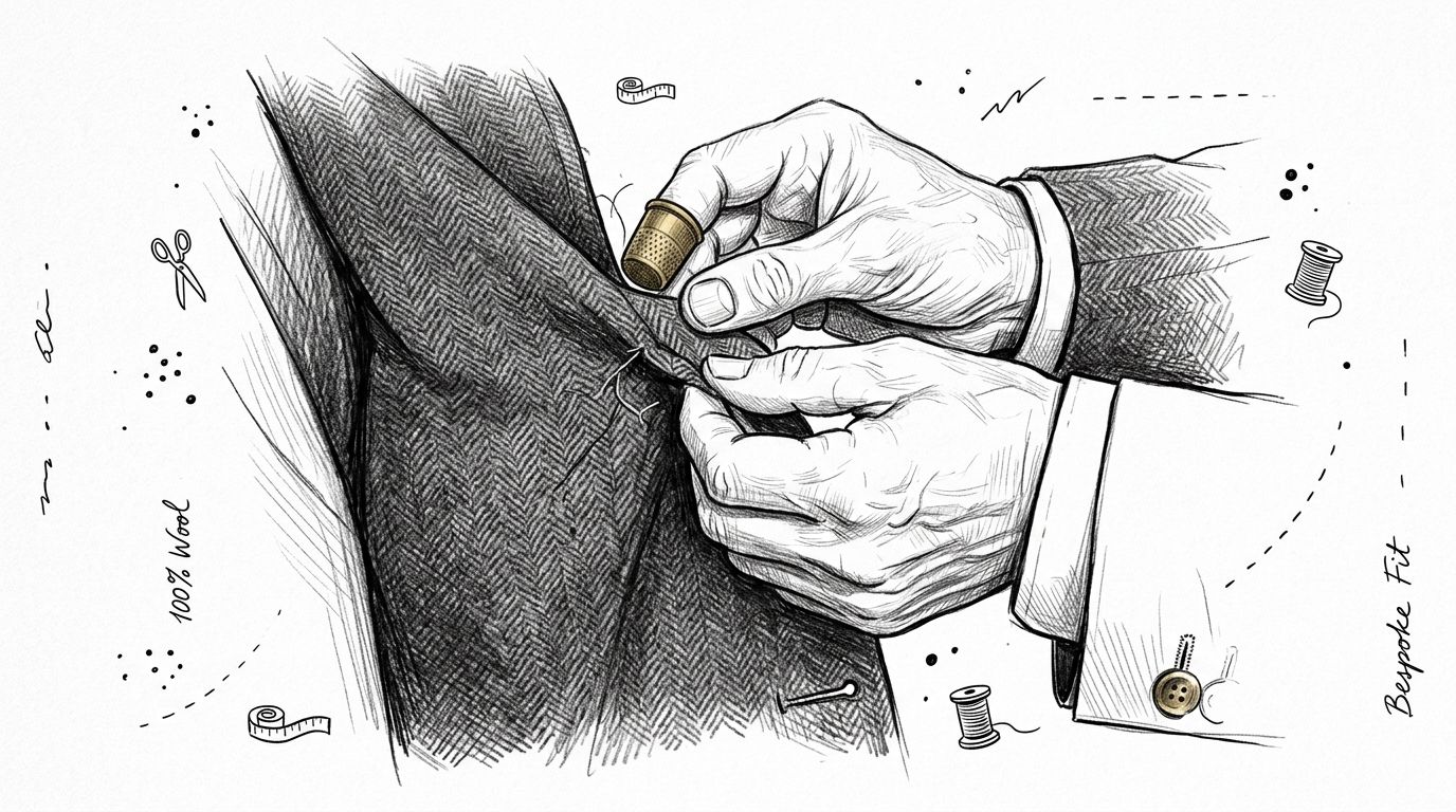 A detailed charcoal sketch showing a tailor hand-stitching a bespoke wool suit jacket with a thimble.