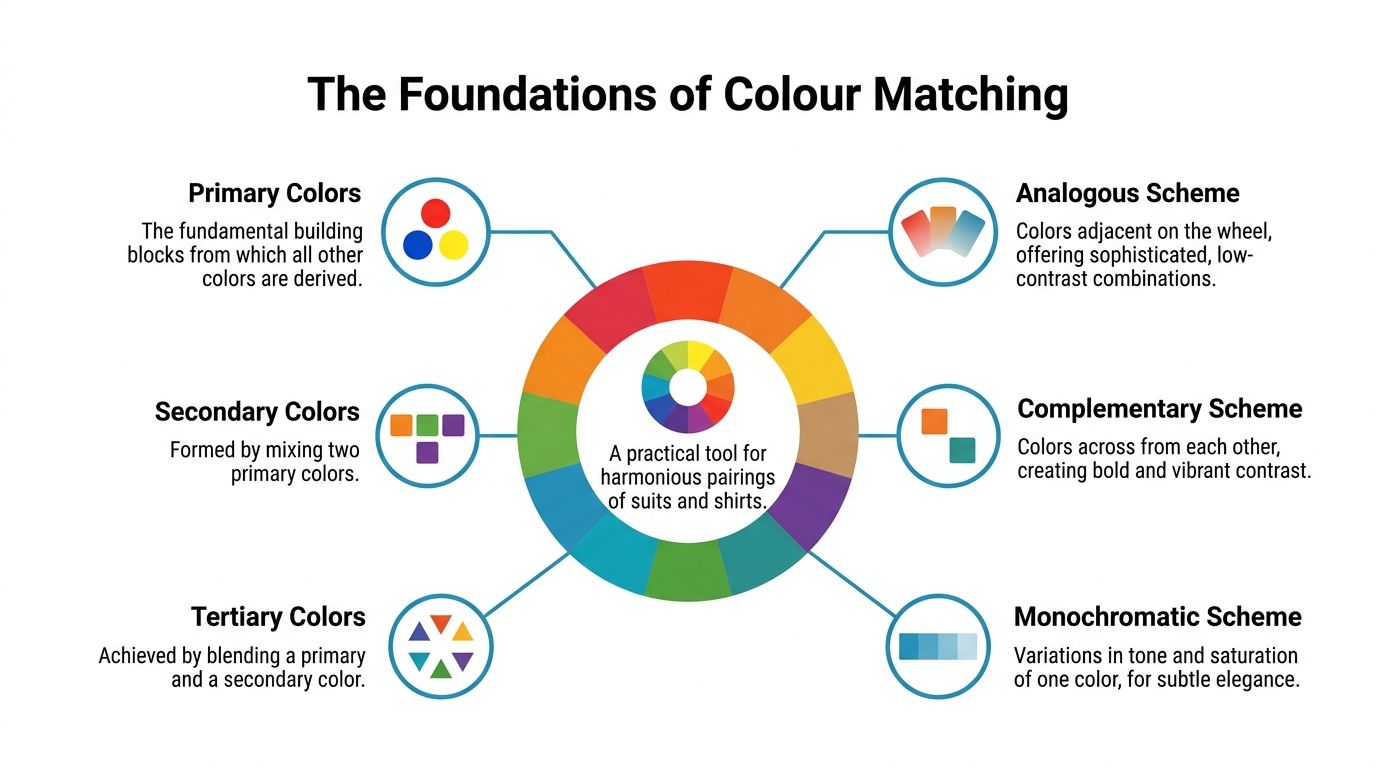 An infographic titled The Foundations of Colour Matching explaining color schemes for suit and shirt combinations.