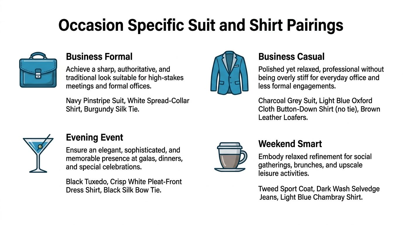 An infographic titled Occasion Specific Suit and Shirt Pairings showing four different dress codes with icons.
