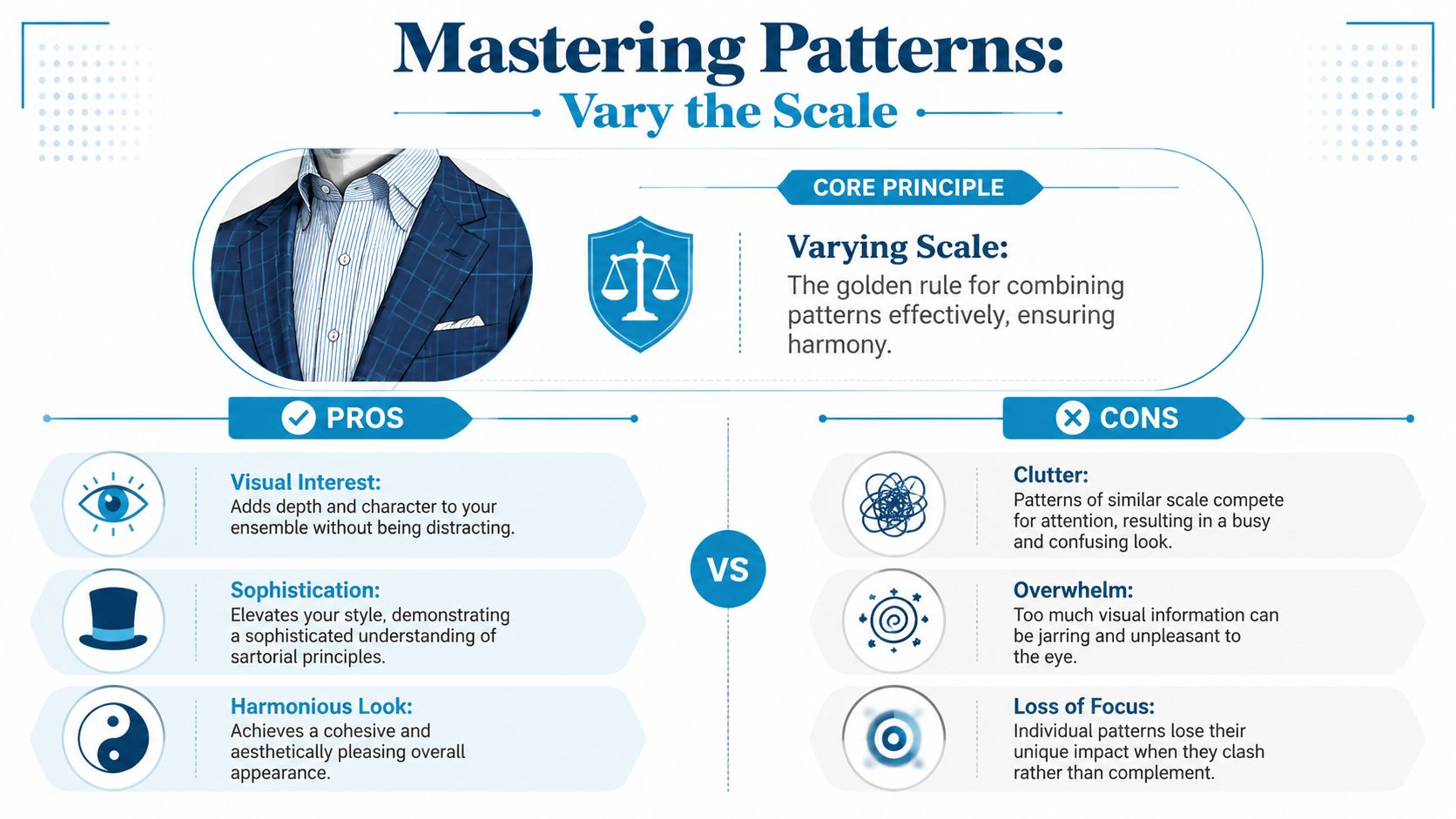 An infographic titled Mastering Patterns explaining the fashion principle of varying the scale of shirt and suit patterns.