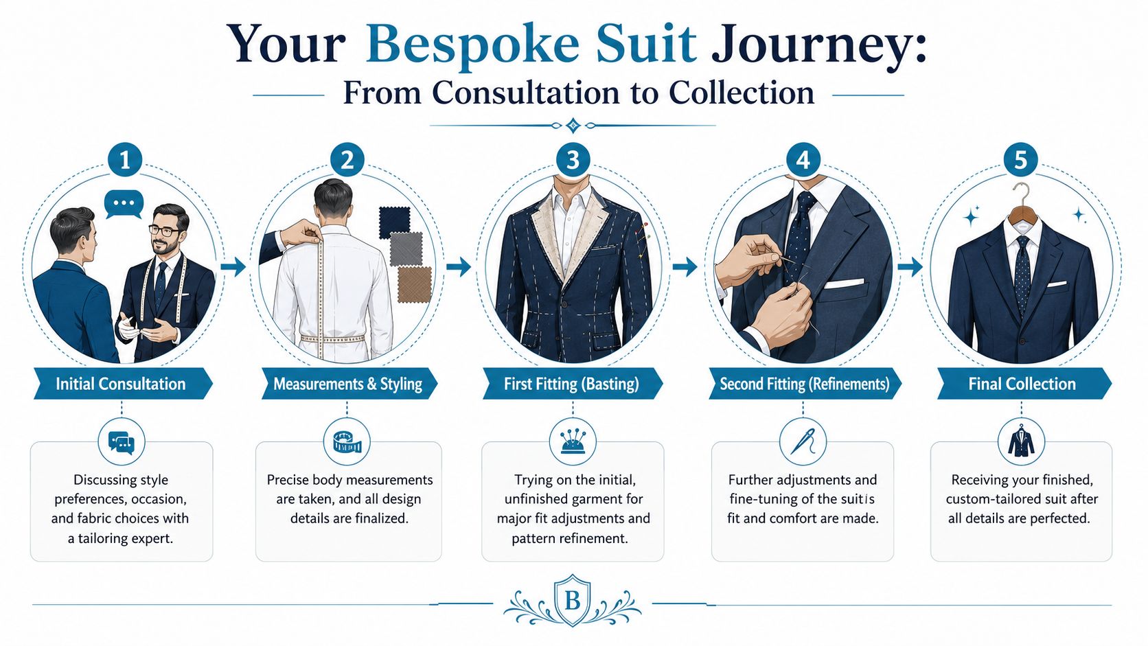 An infographic showing the five-step process of creating a custom bespoke suit from consultation to final collection.