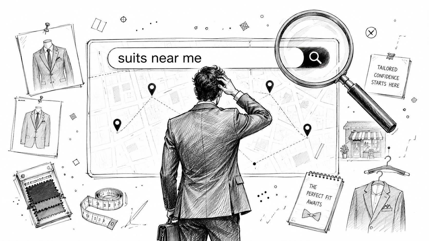 A sketched illustration of a businessman searching for suits near me on a map with a magnifying glass.