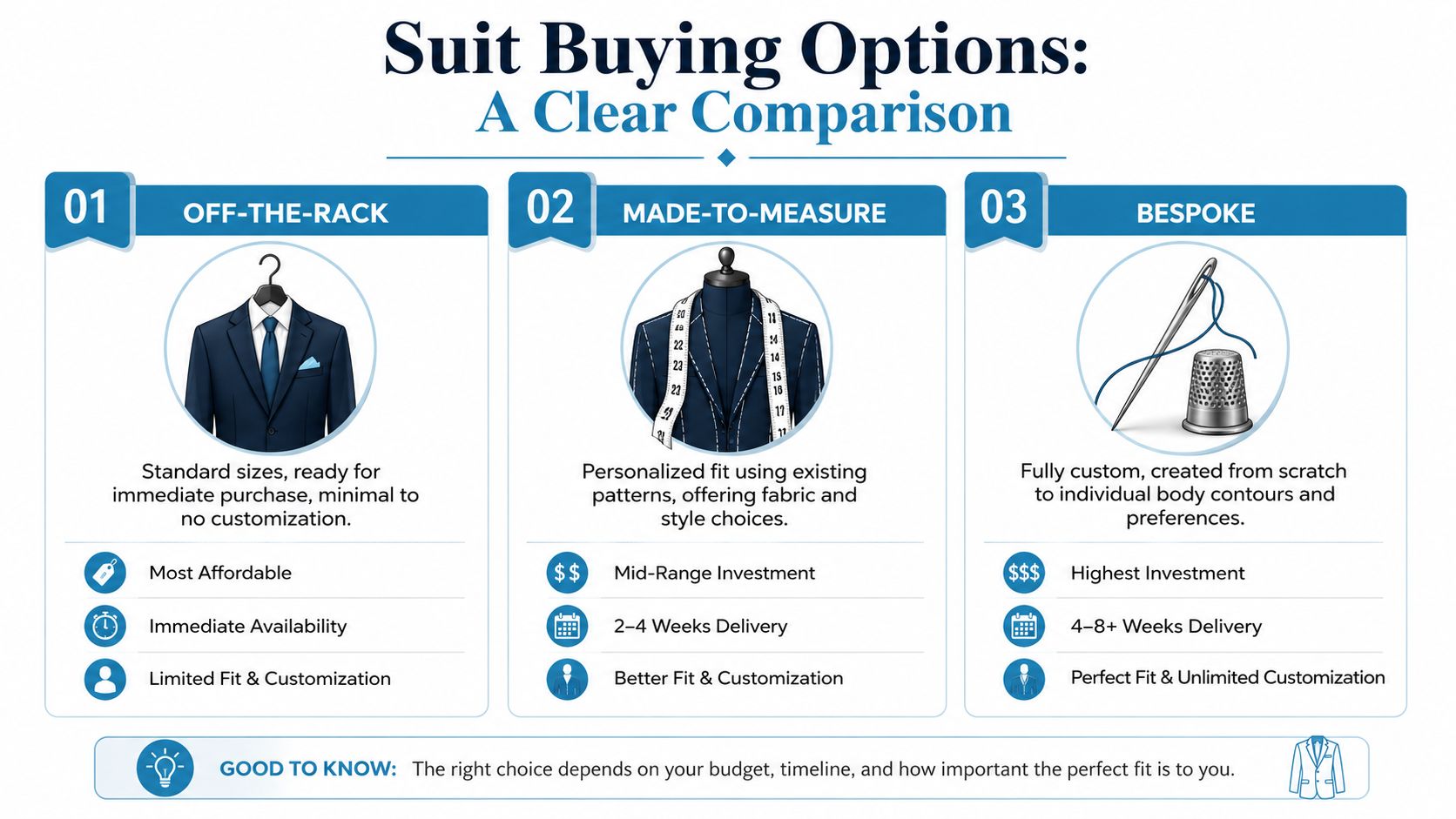 A comparison infographic showing the differences between off-the-rack, made-to-measure, and bespoke suit buying options.