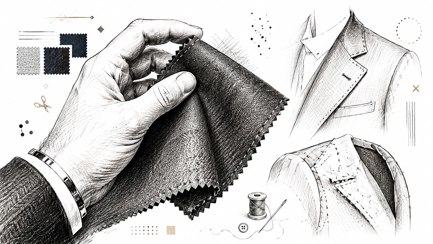 A detailed pencil sketch of a tailor holding fabric swatches next to illustrations of suit construction.