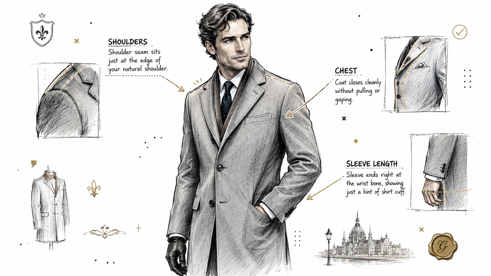 A detailed fashion illustration showing a man in a wool coat with annotations explaining proper fit.