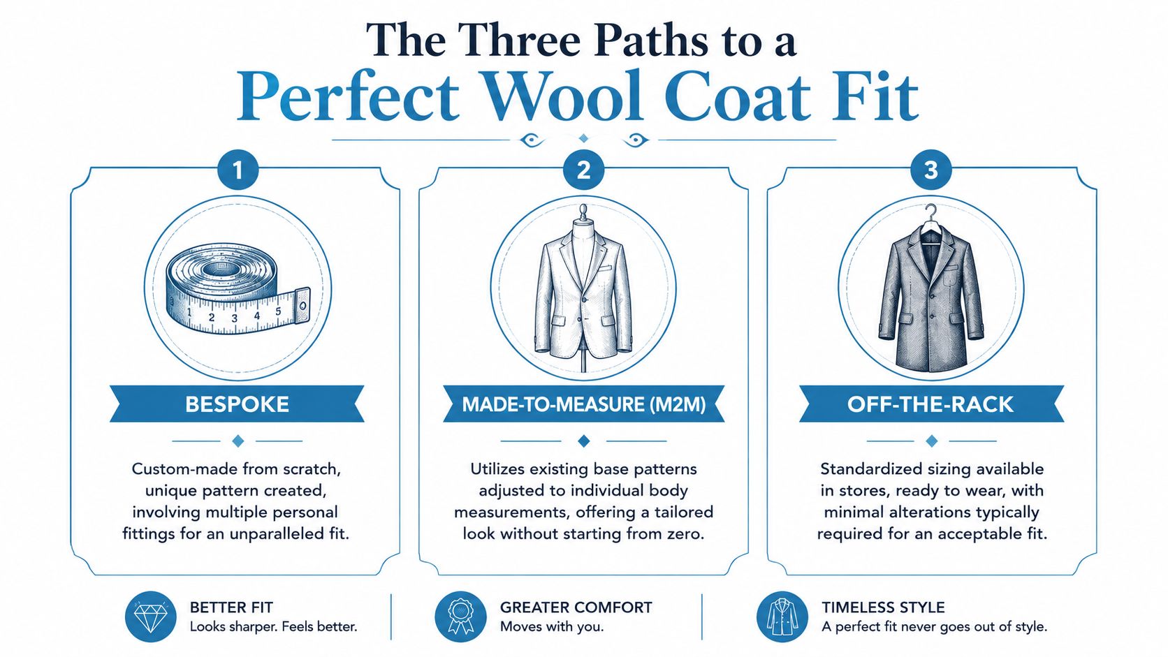 An infographic detailing the three distinct methods for achieving a perfect wool coat fit: bespoke, made-to-measure, and off-the-rack.
