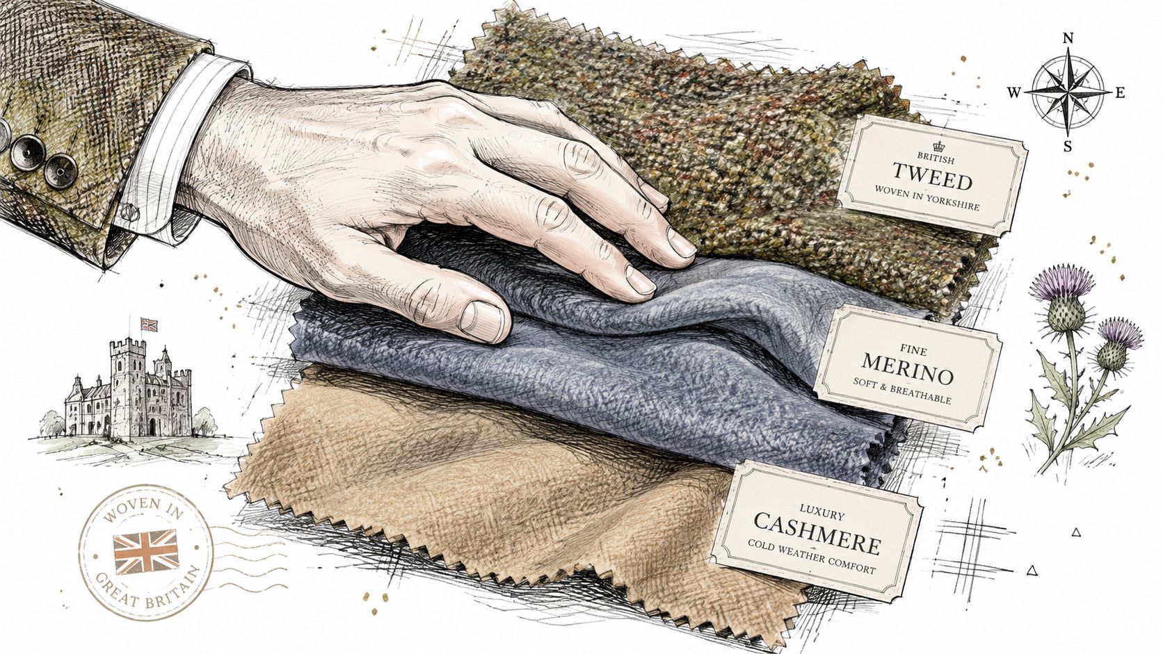 An illustration of a hand feeling fabric samples including tweed, fine merino, and luxury cashmere wool.