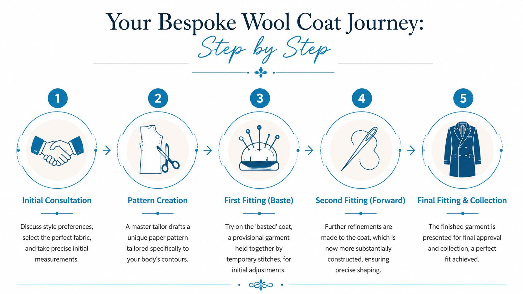An infographic showing the five-step process of creating a bespoke wool coat, from consultation to final collection.