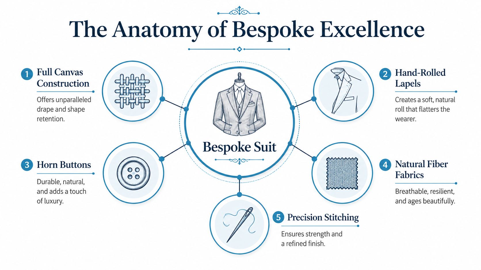 An infographic titled The Anatomy of Bespoke Excellence detailing five key components of a high-quality tailored suit.