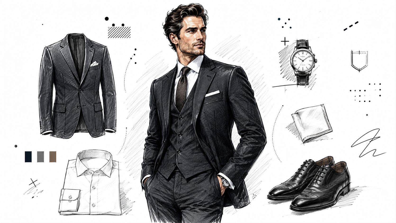 A stylish fashion illustration featuring a man in a formal three-piece suit with classic accessories and dress shoes.