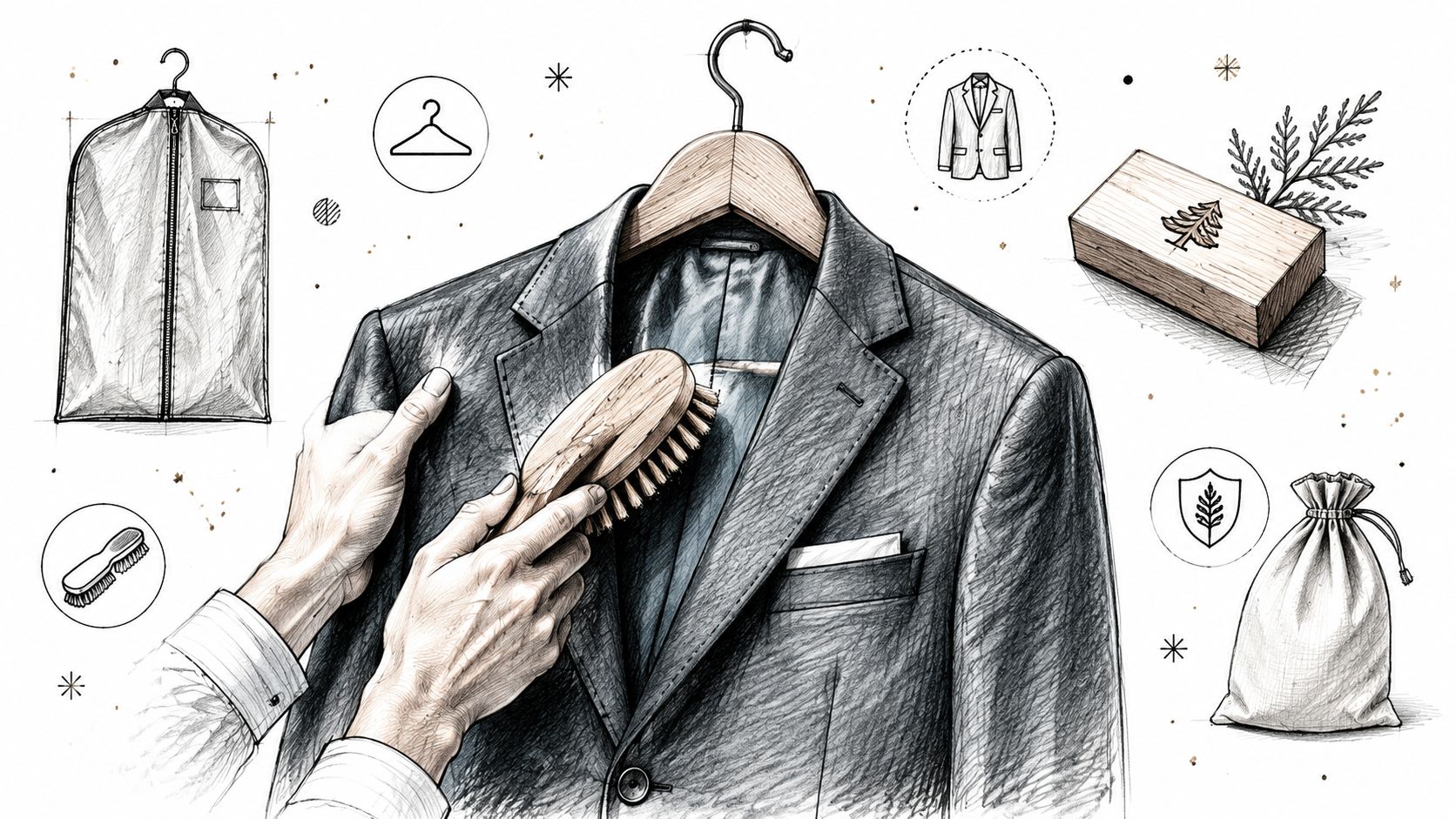 Detailed sketch of hands brushing a formal suit jacket with garment care accessories in a white background