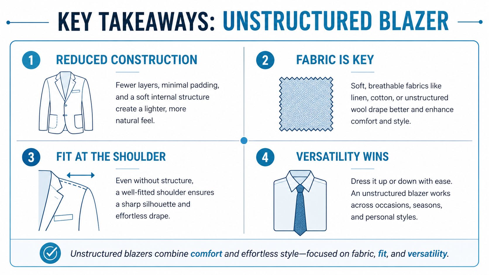 An infographic detailing the benefits of unstructured blazers including reduced construction, fabric choice, shoulder fit, and versatility.