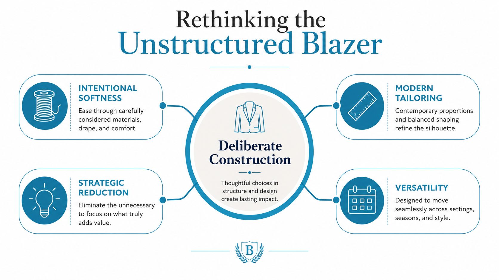 A diagram illustrating the four key design principles of the unstructured men's blazer construction process.