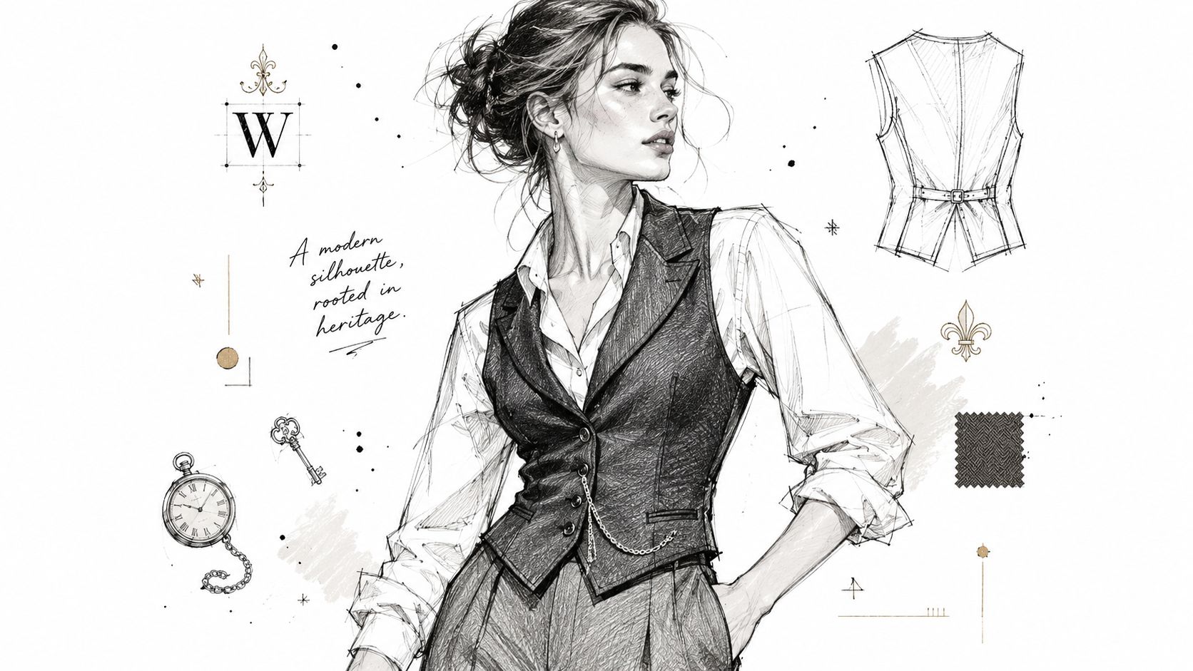 A fashion illustration of a woman wearing a tailored waistcoat with a pocket watch and sketch details.