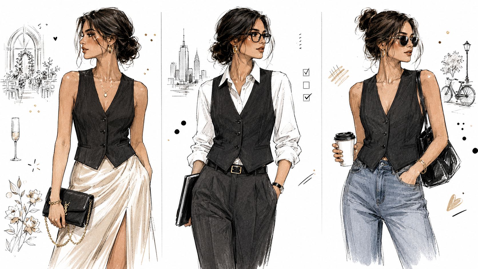Three artistic fashion sketches showing a woman styling a black waistcoat for formal, professional, and casual outfits.
