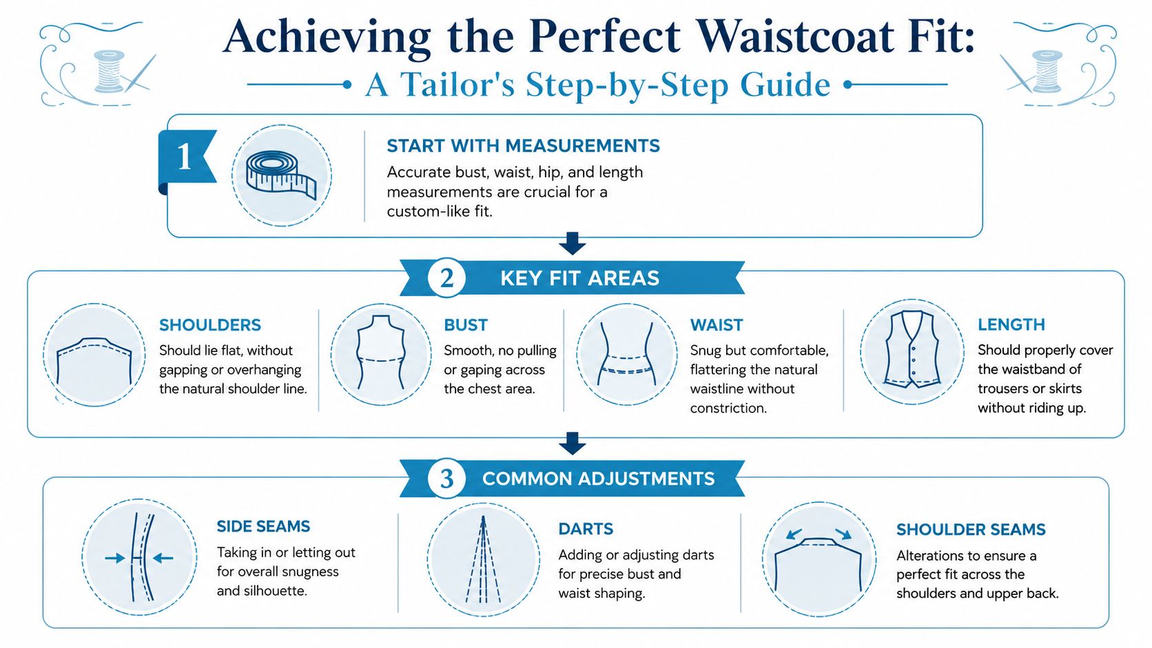 A detailed, illustrated infographic guide explaining the essential steps for achieving a perfectly fitted waistcoat.