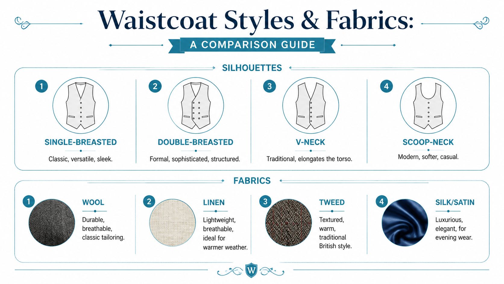 A comparison guide infographic detailing different waistcoat styles and common fabric options for formal men's fashion wear.
