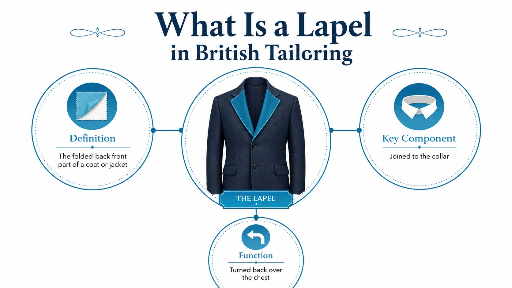 A diagram illustrating the definition, function, and key components of a lapel on a suit jacket.