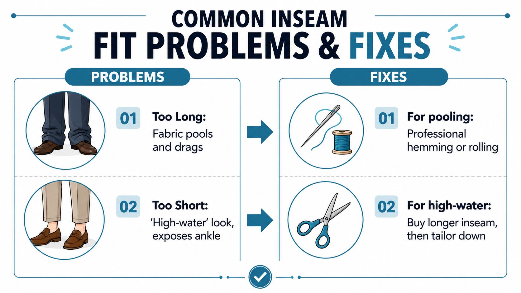 An infographic showing common inseam fit problems like pants being too long or too short with solutions.
