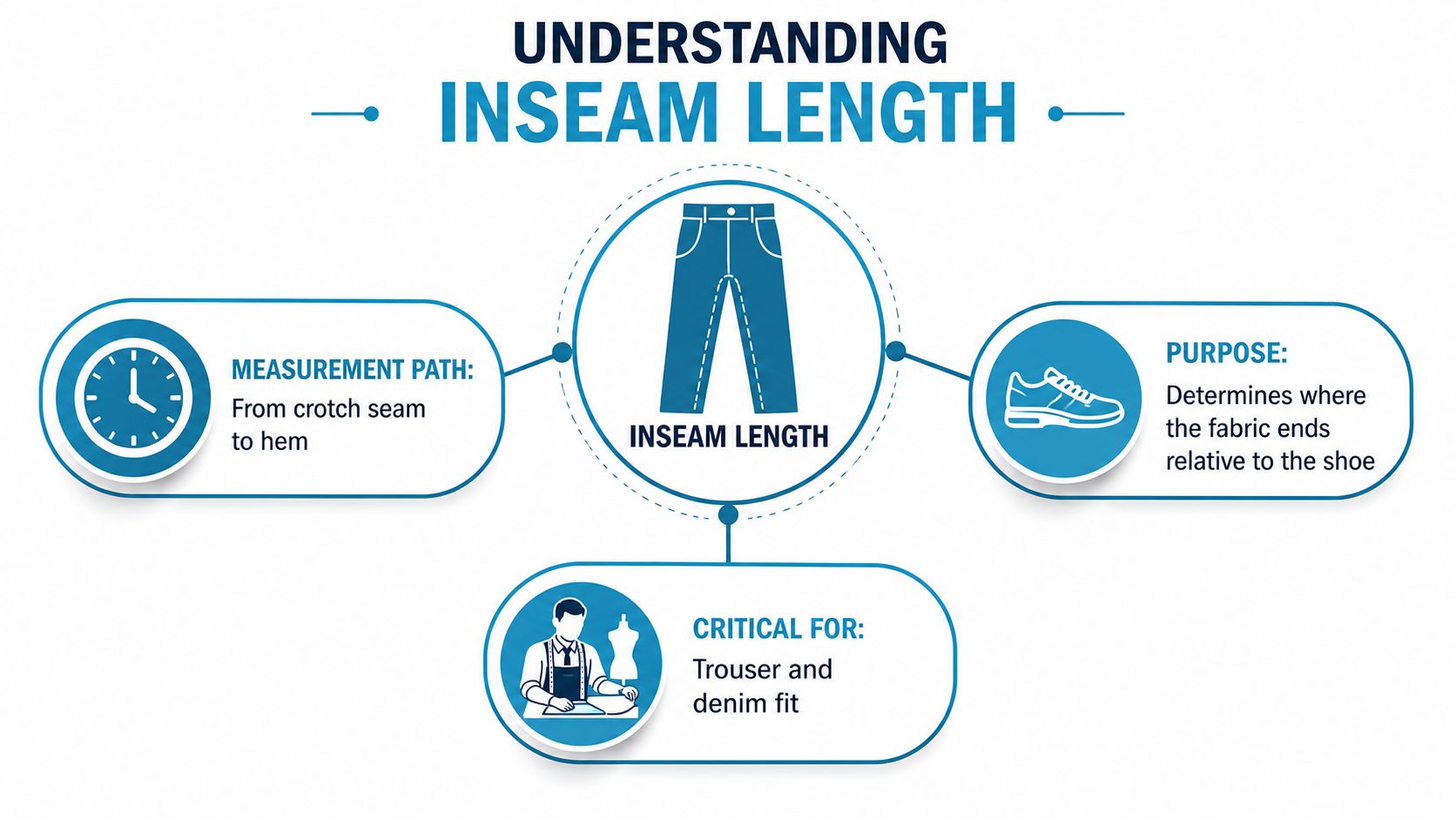 An infographic explaining inseam length as the measurement from the crotch seam to the bottom hem.