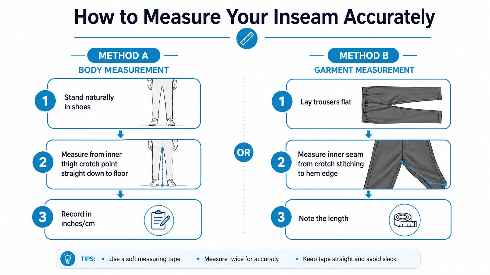An infographic showing two methods to measure inseam length, including body measurements and trouser garment measurements.