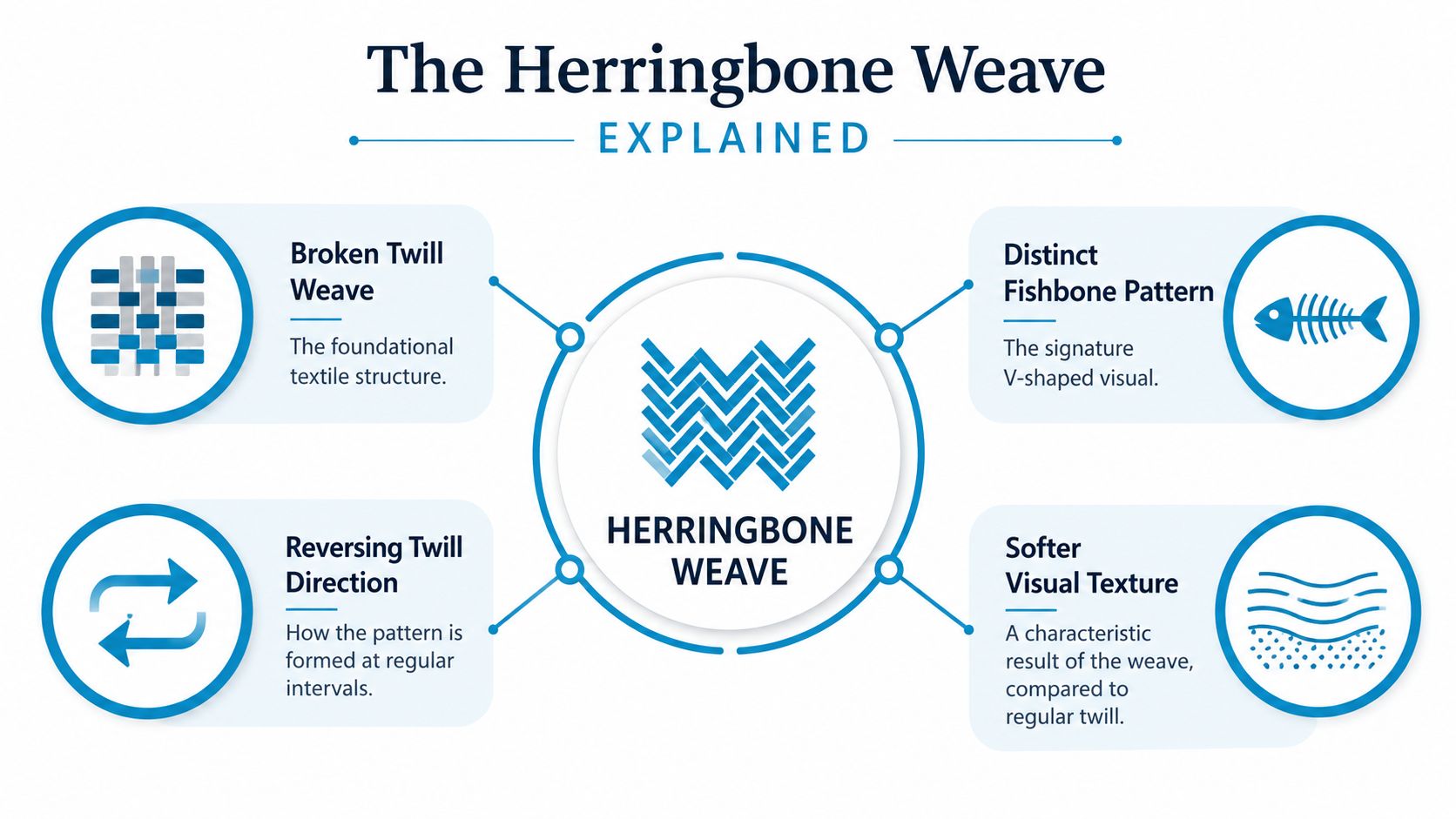 An infographic titled The Herringbone Weave Explained showing four key features of the textile pattern.