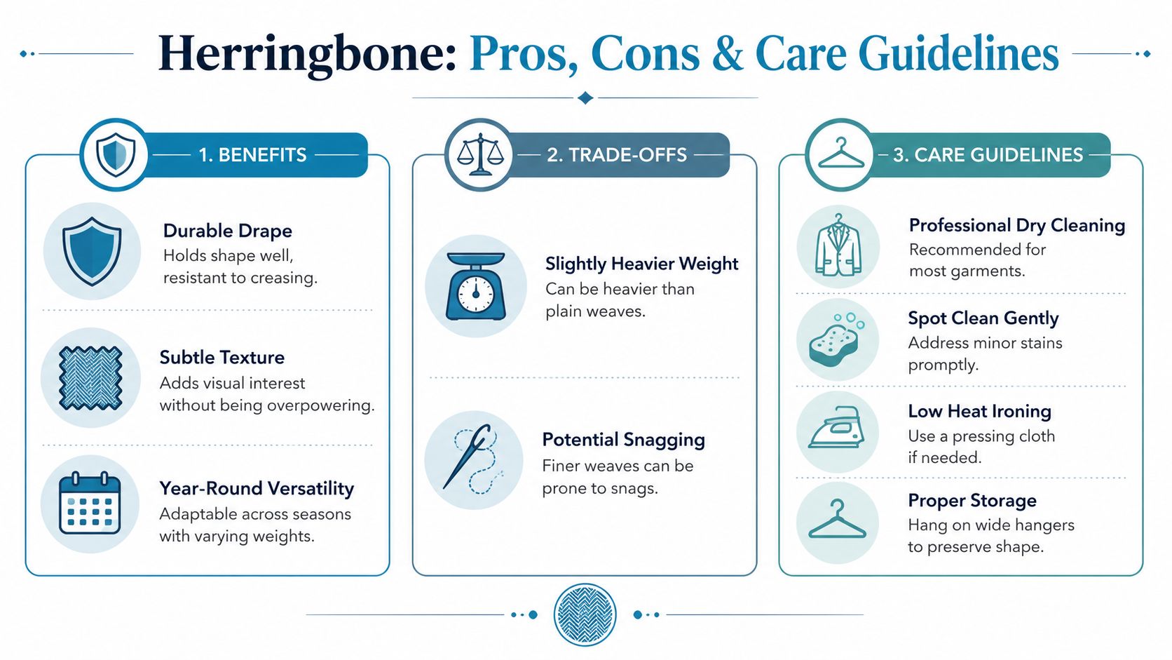 A helpful infographic outlining the pros, cons, and care guidelines for herringbone fabric clothing items.