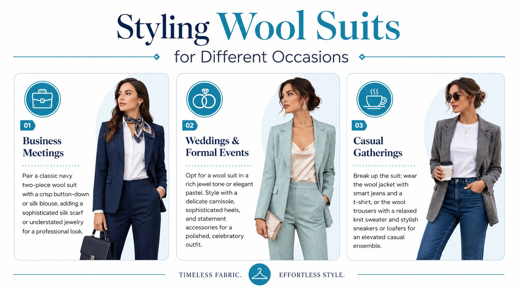 An infographic showing three ways to style wool suits for business meetings, formal events, and casual gatherings.