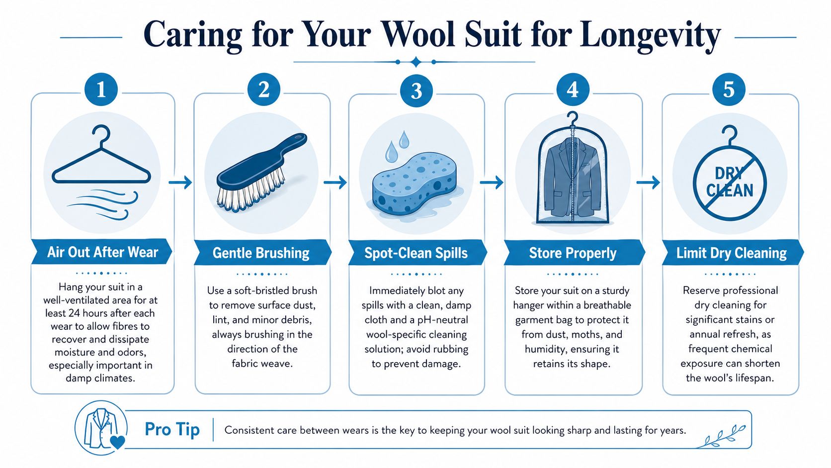 A five-step infographic guide on how to properly care for and maintain a wool suit for longevity.