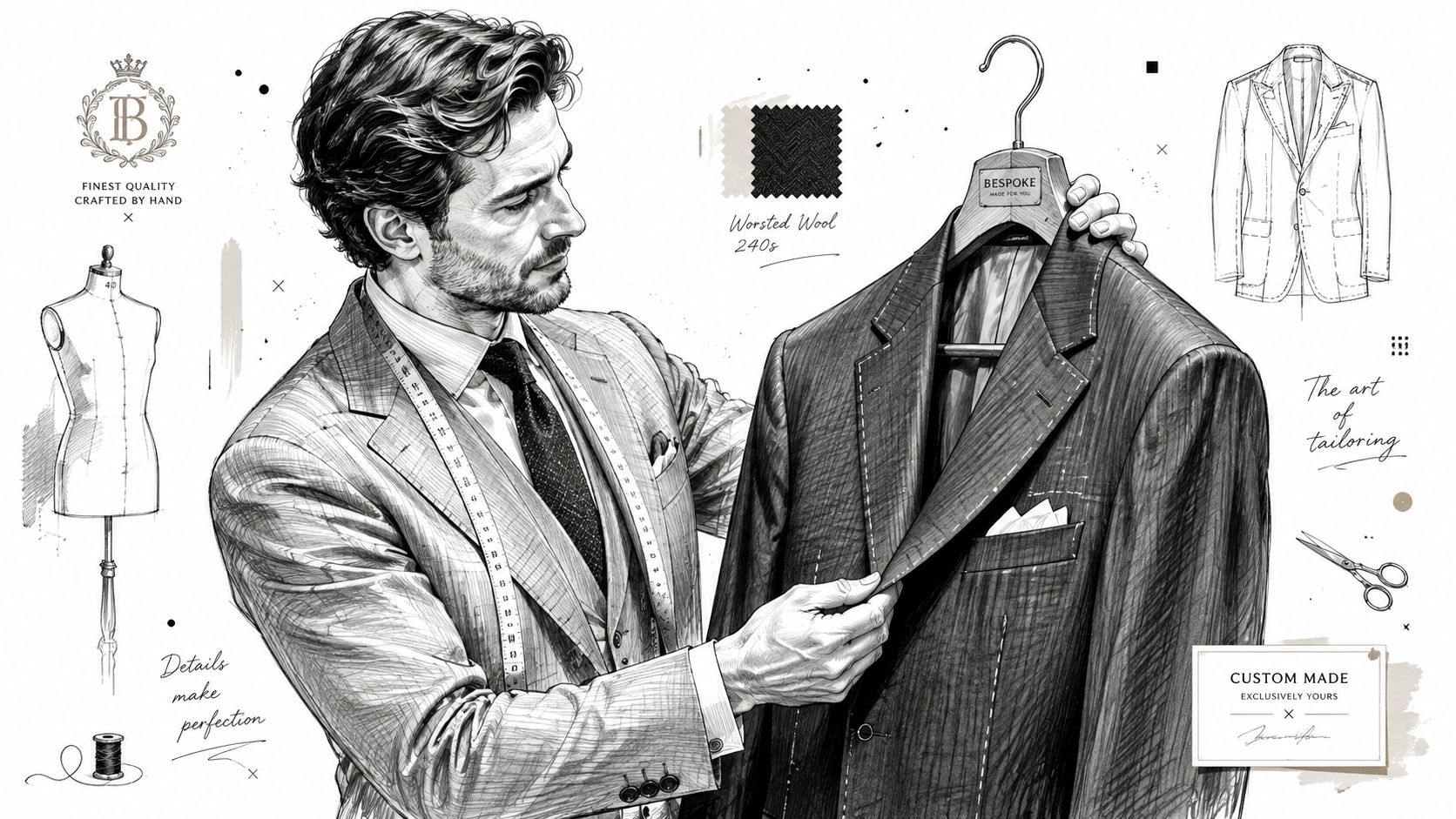 A professional tailor in a formal suit examining a high-quality bespoke jacket with artisanal tailoring tools.