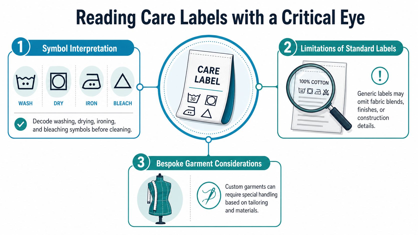 An infographic titled Reading Care Labels with a Critical Eye, explaining symbols, limitations, and considerations.