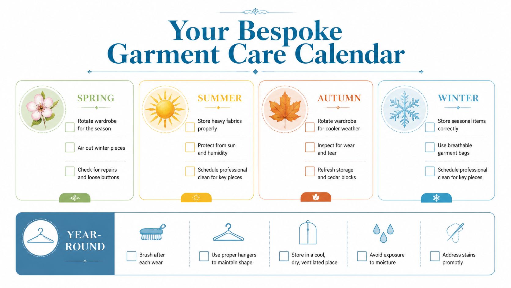 A seasonal infographic titled Your Bespoke Garment Care Calendar providing tips for maintaining clothing throughout the year.