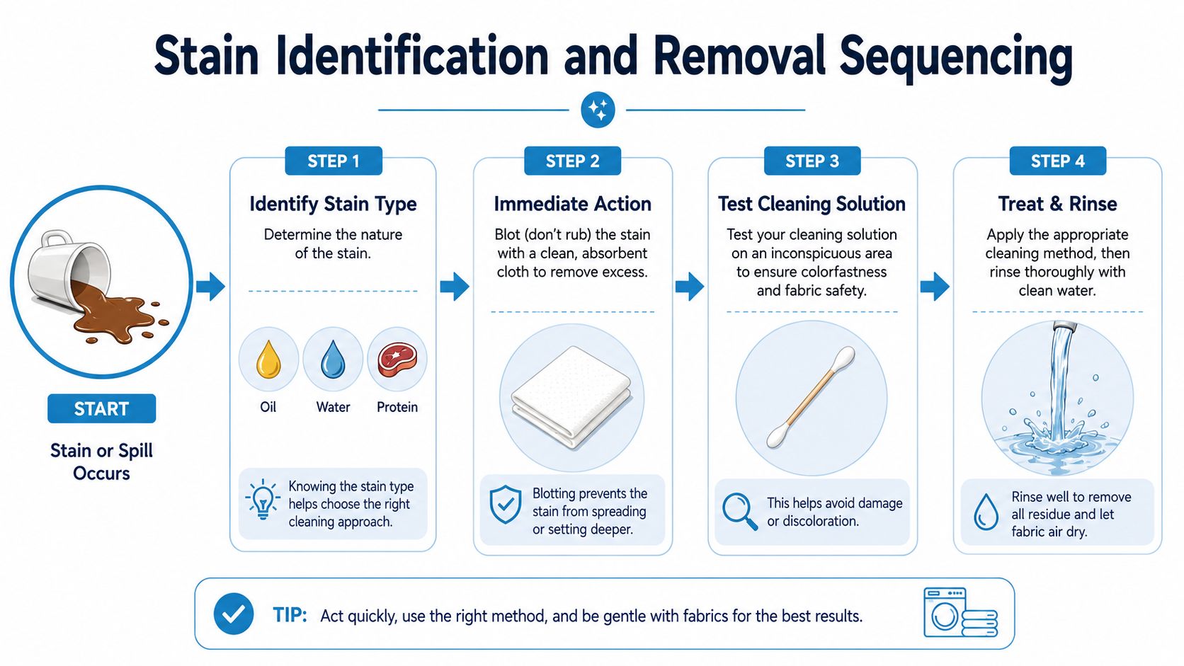 A four-step infographic illustrating the process for identifying, testing, and cleaning stains from fabric surfaces effectively.