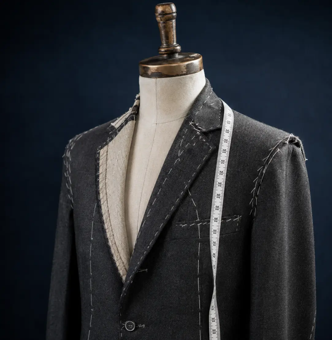 Charcoal suit jacket in an unfinished basting stage with visible tailor's stitching and a tape measure draped over the shoulder and lapel