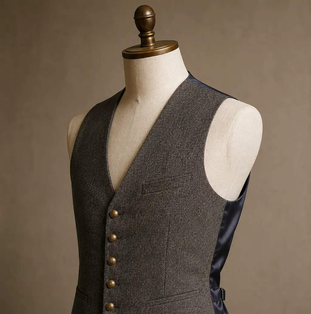 Close-up of a dark charcoal textured wool waistcoat on a linen dress form, showing bronze buttons and a navy satin back panel.