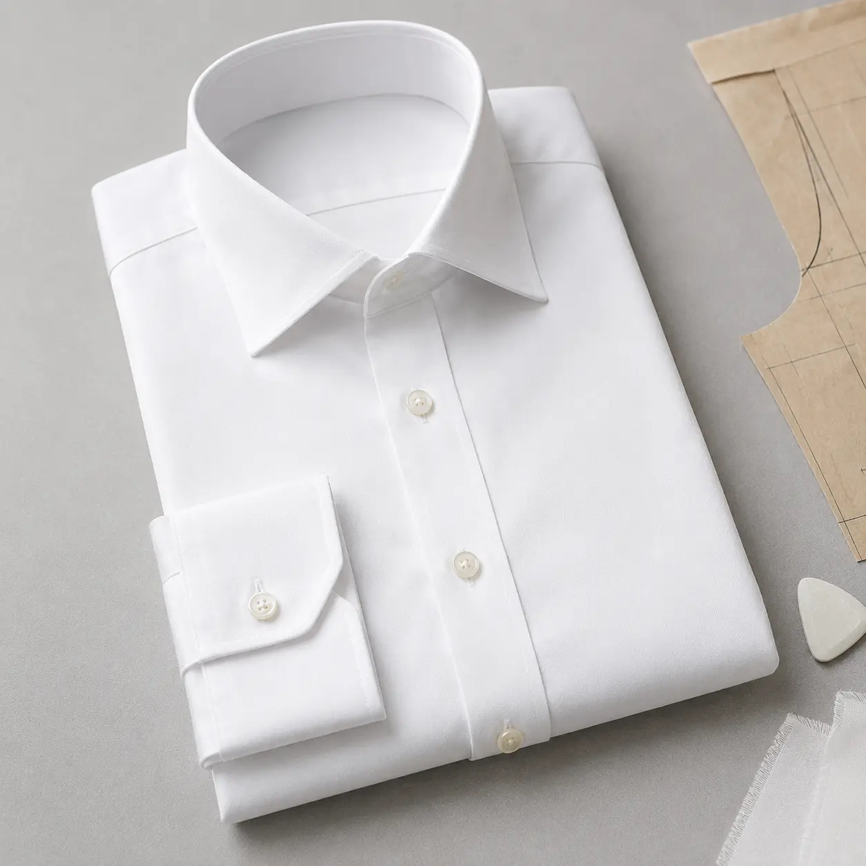 Crisp folded white dress shirt with mother-of-pearl buttons and a spread collar, placed beside a brown paper sewing pattern and tailor's chalk.