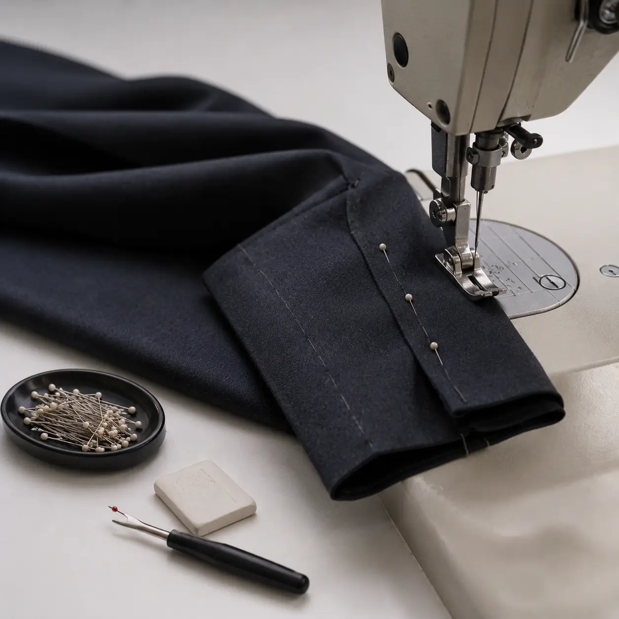 Navy wool fabric cuff pinned and positioned under the needle of an industrial sewing machine, with pins and a seam ripper nearby