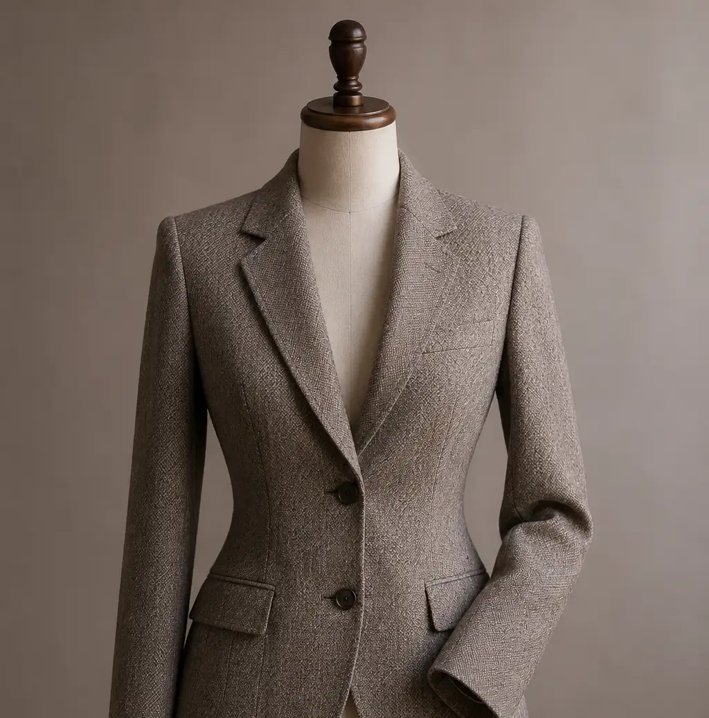 Fitted taupe herringbone tweed blazer on a dress form, featuring notch lapels, flap pockets, and a nipped waist.